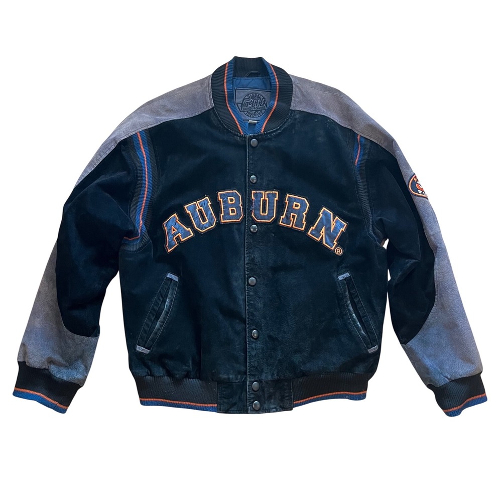 Vintage Auburn Tigers G-III Suede Leather Varsity Jacket Black Grey Large NCAA